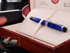 Aurora Rollerball<Optima - Auroloide Blue w/ Chrome Rollerball Pen - AU-975CBA by Blue and Silver Auroloide