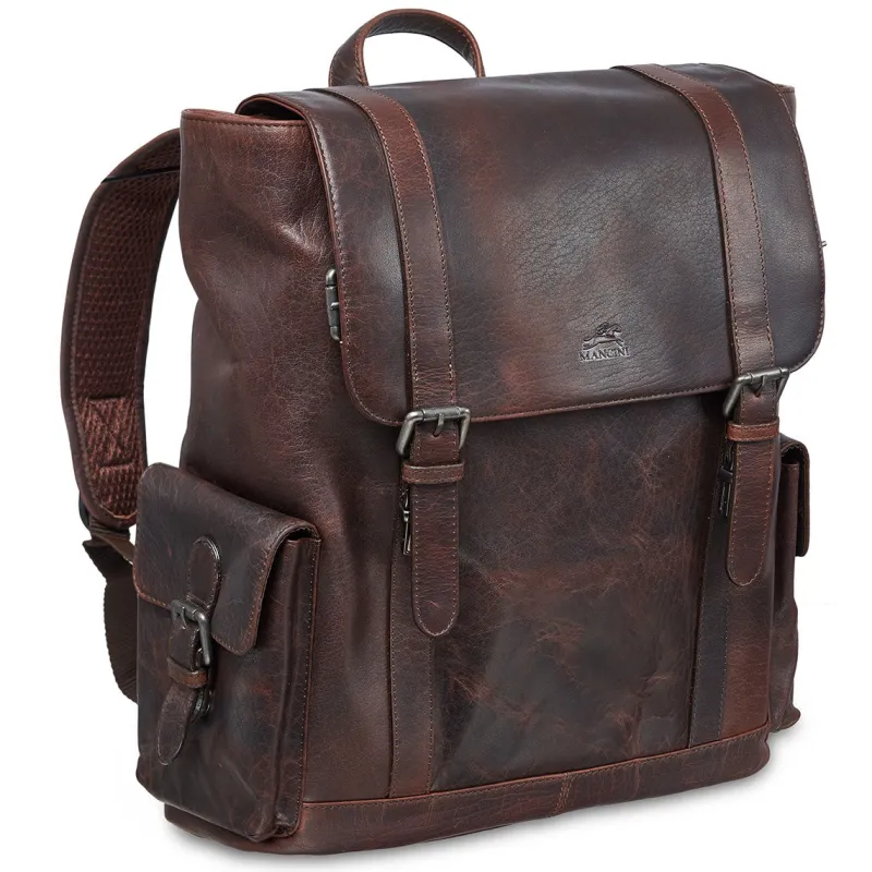 Mancini Portfolios|Business Cases<Leather Backpack for 15'' Laptop, 12.75" x 5.25" x 14.5", Brow