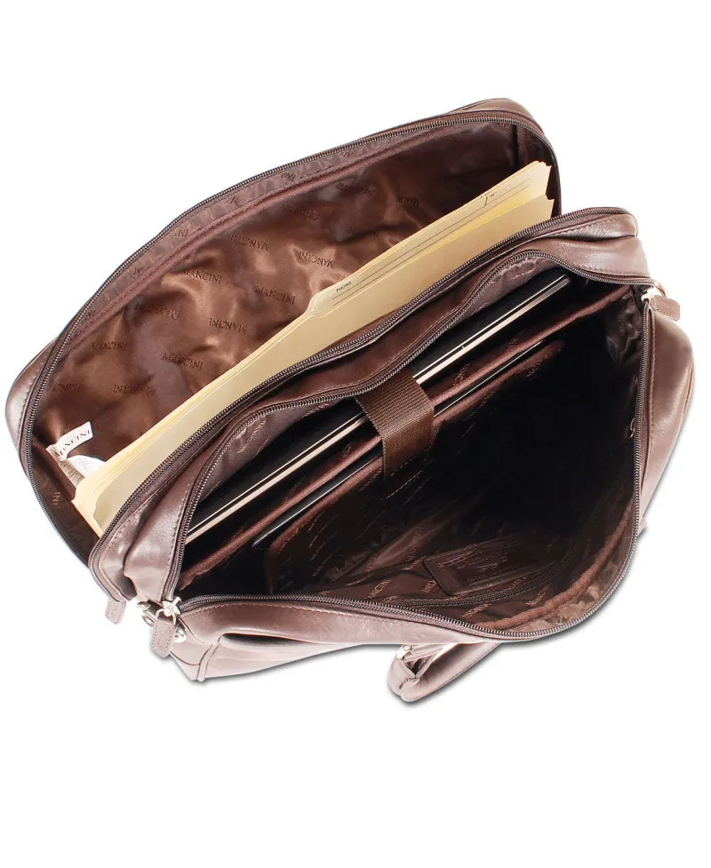 Mancini Portfolios|Business Cases<Leather Double Compartment Zippered Briefcase for 15.6" Laptop
