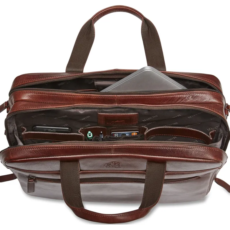 Mancini Portfolios|Business Cases<Leather Laptop Double Compartment Briefcase Brown