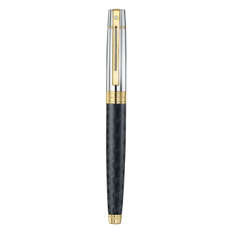 Sheaffer Fountain<300 ENGRAVED BLACK AND SHINY CHROME CAP GOLD TRIM Fountain Pen